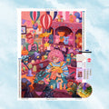 Kit complet de broderie diamant illustrant un artisan fabriquant des jouets en peluche dans une pièce remplie d'oursons