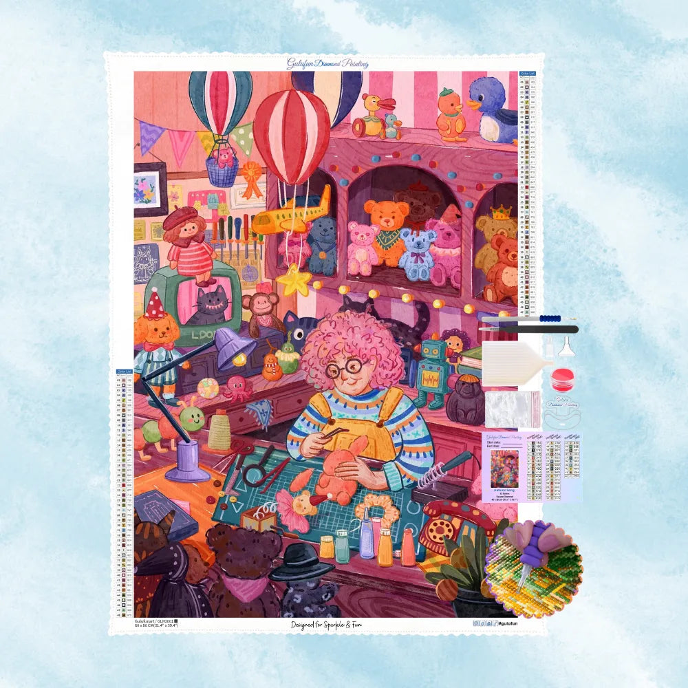 Kit complet de broderie diamant illustrant un artisan fabriquant des jouets en peluche dans une pièce remplie d'oursons