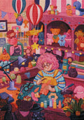 Rendu final d'une broderie diamant encadrée représentant une scène vintage colorée d'un atelier de confection de peluches