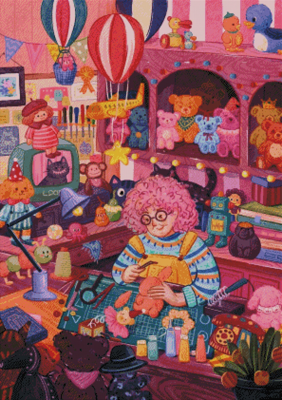 Rendu final d'une broderie diamant encadrée représentant une scène vintage colorée d'un atelier de confection de peluches