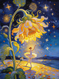 Illustration originale style peinture à l'huile avec coup de pinceau épais d'une ballerine, d'un tournesol géant et d'un ciel poétique