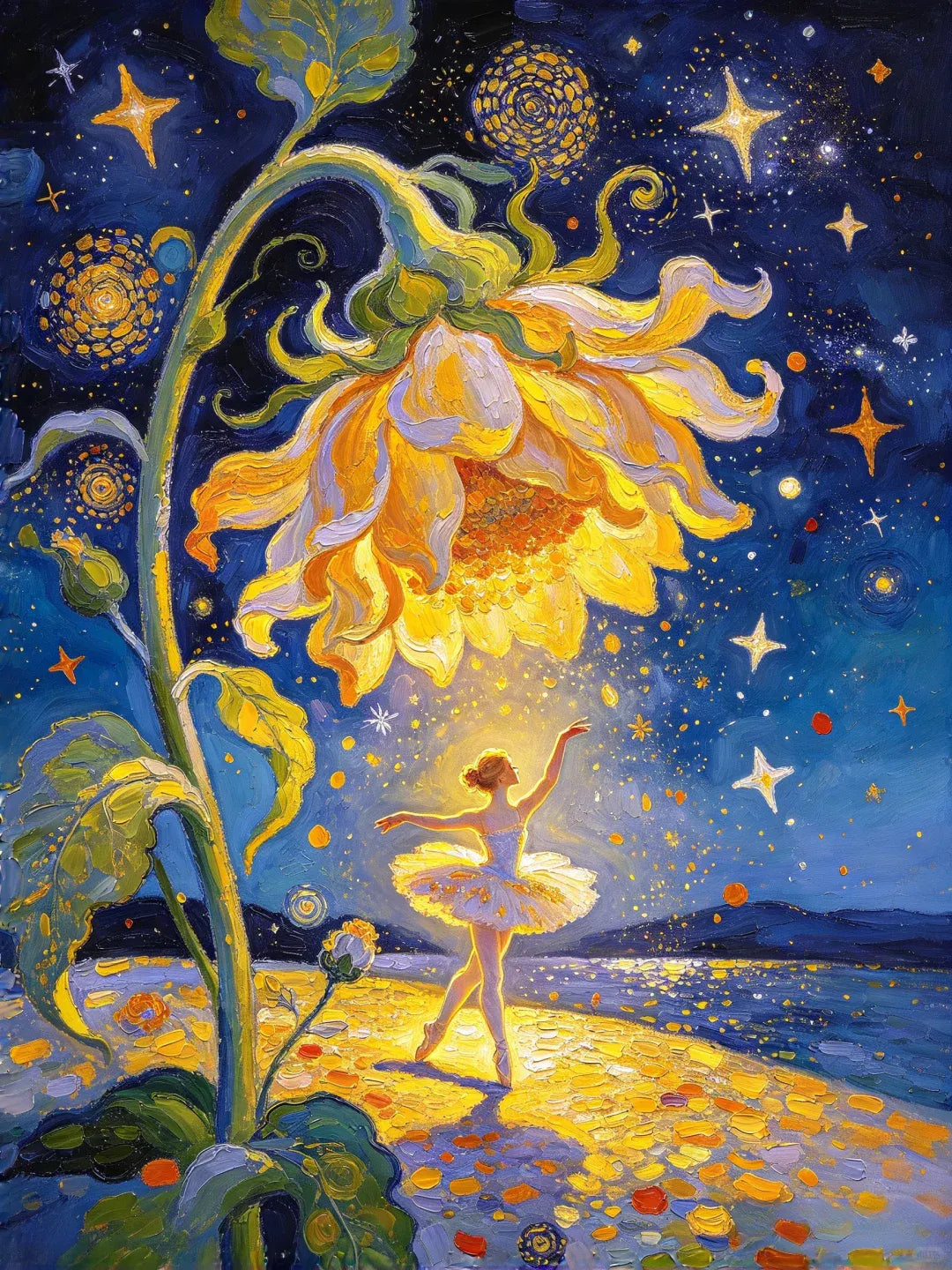 Illustration originale style peinture à l'huile avec coup de pinceau épais d'une ballerine, d'un tournesol géant et d'un ciel poétique