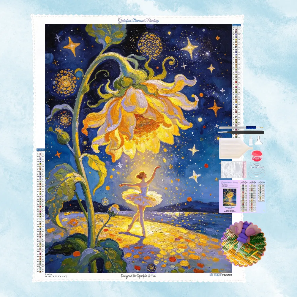 Kit complet de broderie diamant montrant une ballerine lumineuse dansant sous un grand tournesol féérique et des étoiles scintillantes