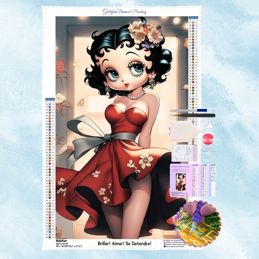 Broderie Diamant Betty Boop en Robe Rouge - Kit Complet (Diamond Painting)