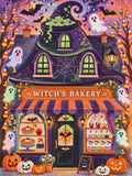 Illustration originale colorée de la façade de Witch's Bakery avec chauves-souris, friandises et fantômes lumineux