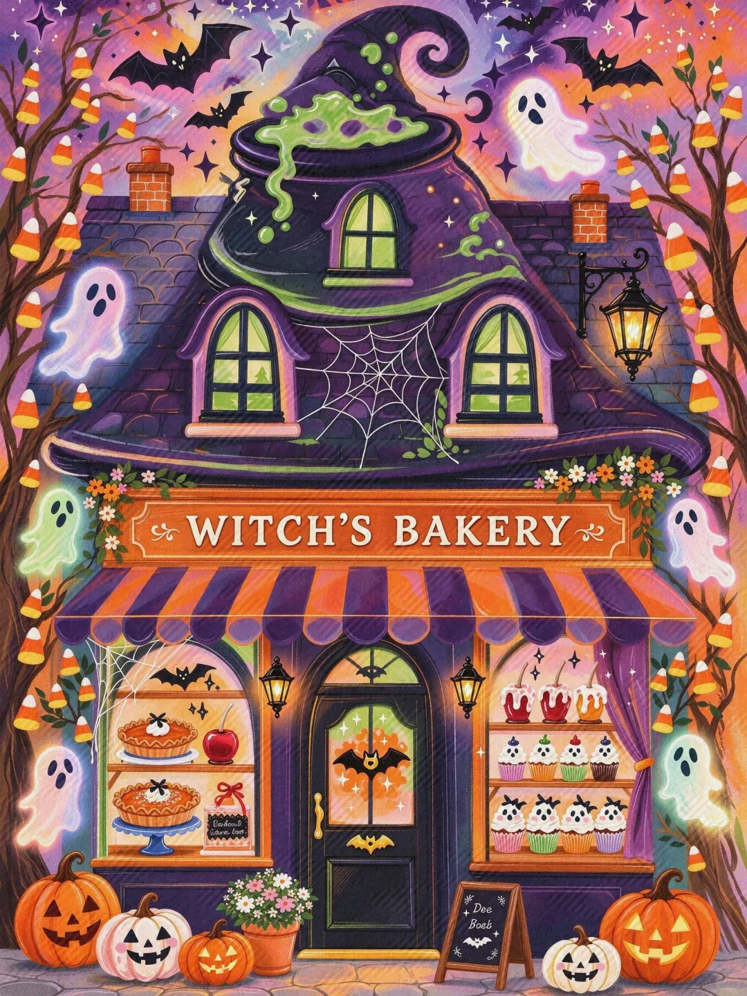 Illustration originale colorée de la façade de Witch's Bakery avec chauves-souris, friandises et fantômes lumineux