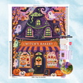 Kit complet de broderie diamant représentant une boulangerie magique de sorcière avec gâteaux, fantômes et citrouilles