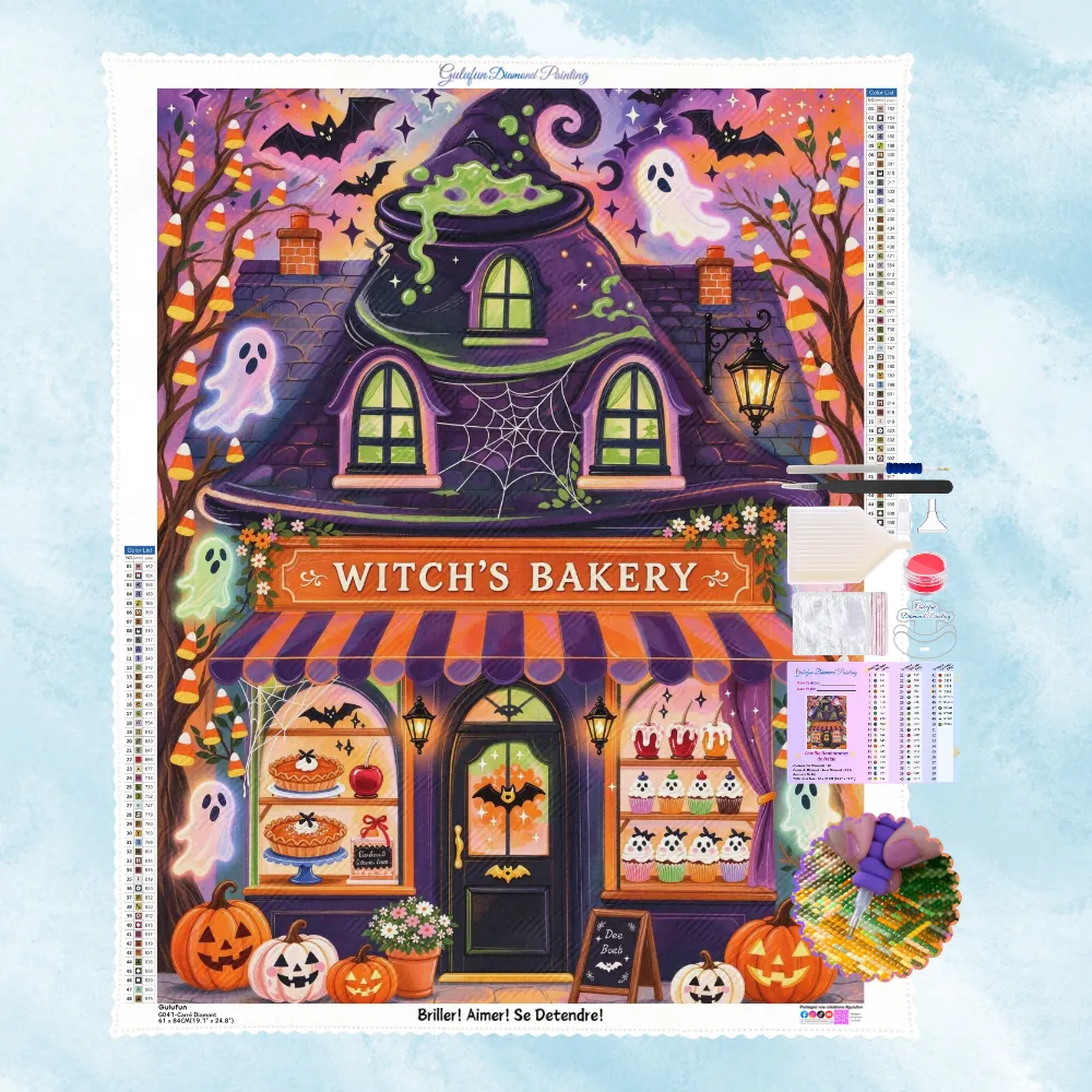 Kit complet de broderie diamant représentant une boulangerie magique de sorcière avec gâteaux, fantômes et citrouilles