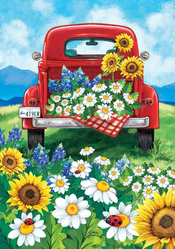 Illustration originale d'un camion rouge rétro garé dans un champ de fleurs sous un ciel bleu avec coccinelles