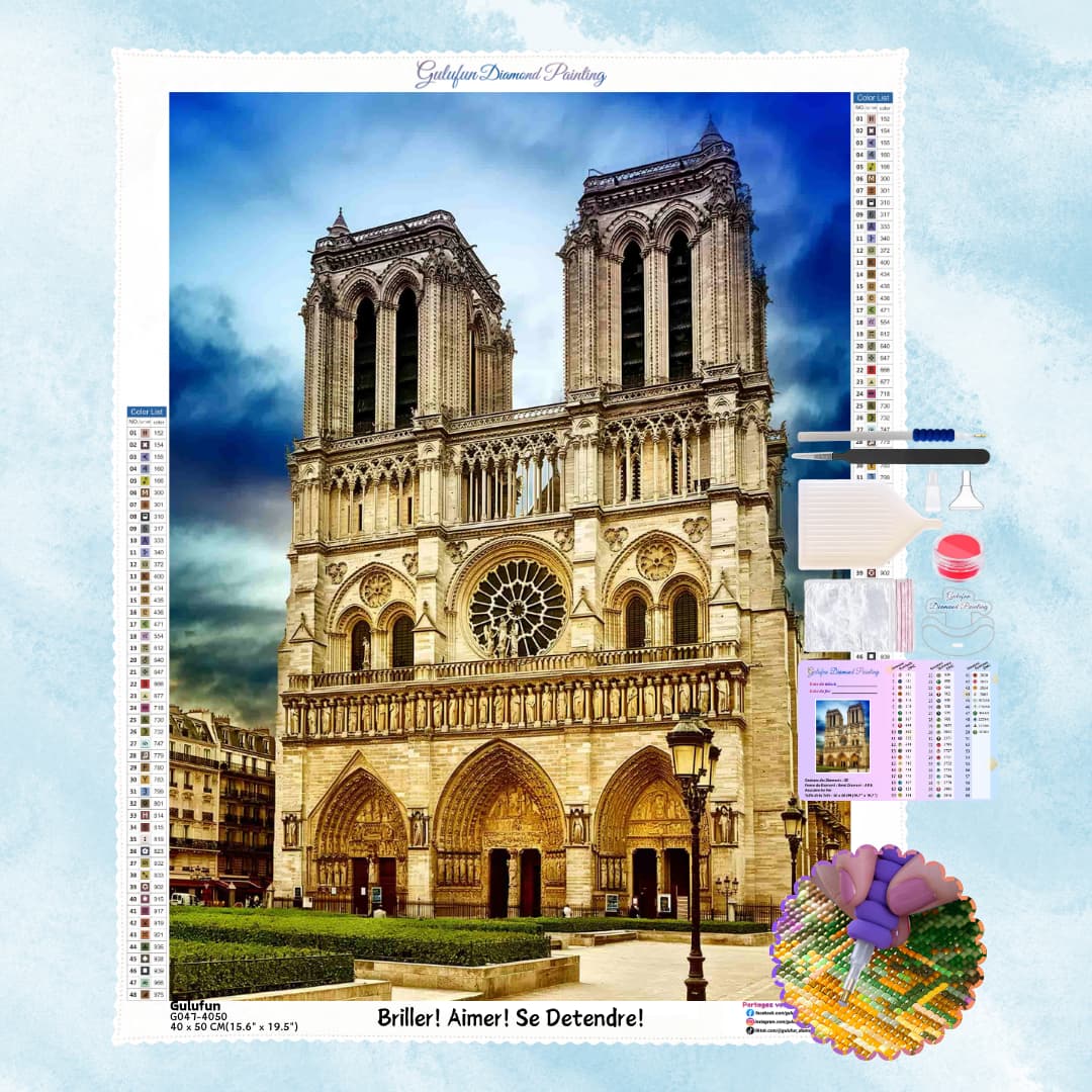 Kit complet de broderie diamant représentant la façade gothique de la cathédrale Notre-Dame de Paris avec ses deux tours