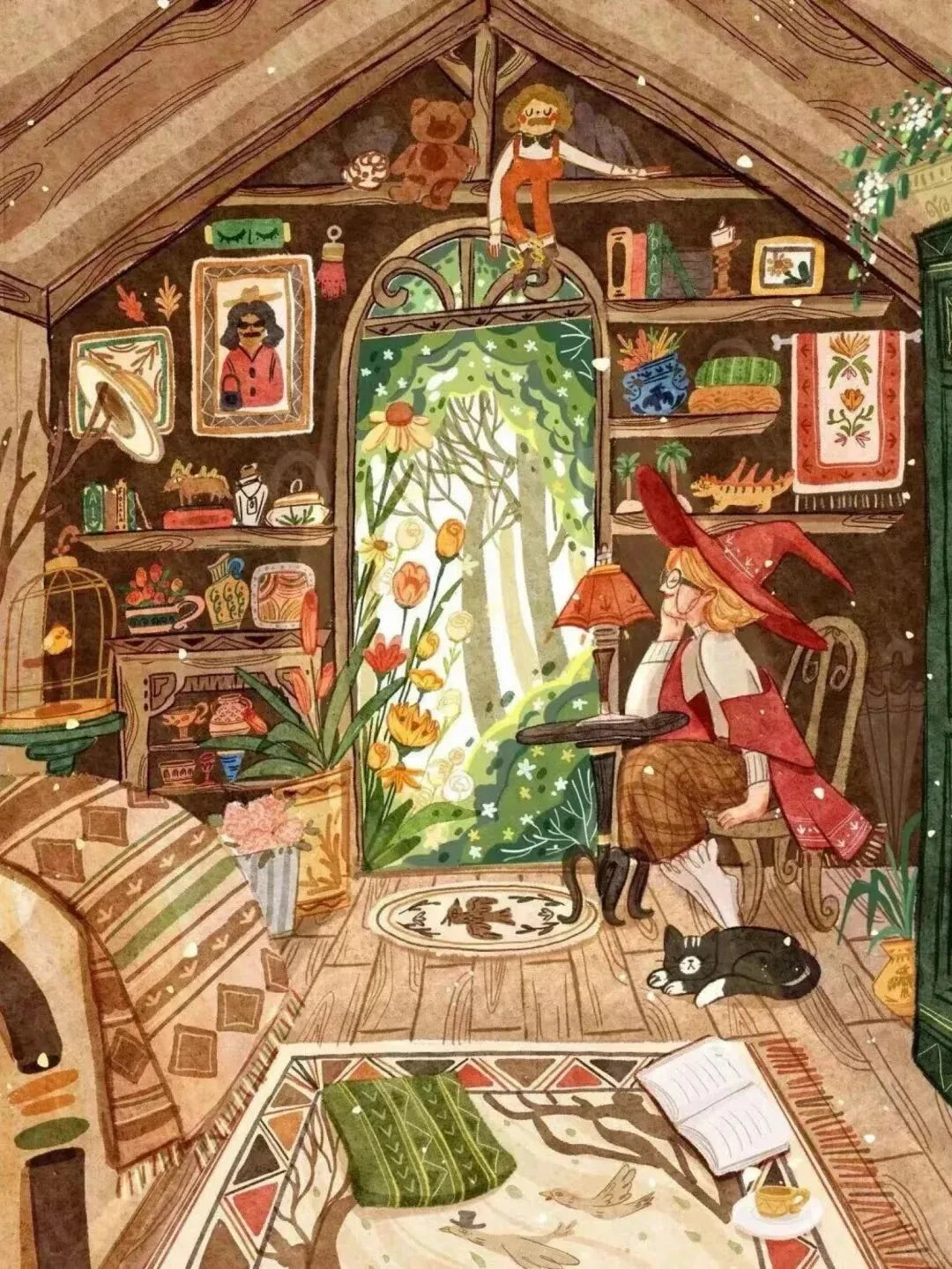 Illustration originale d'un intérieur en bois féérique avec chapeau de sorcière, fleurs sauvages et vue sur la forêt