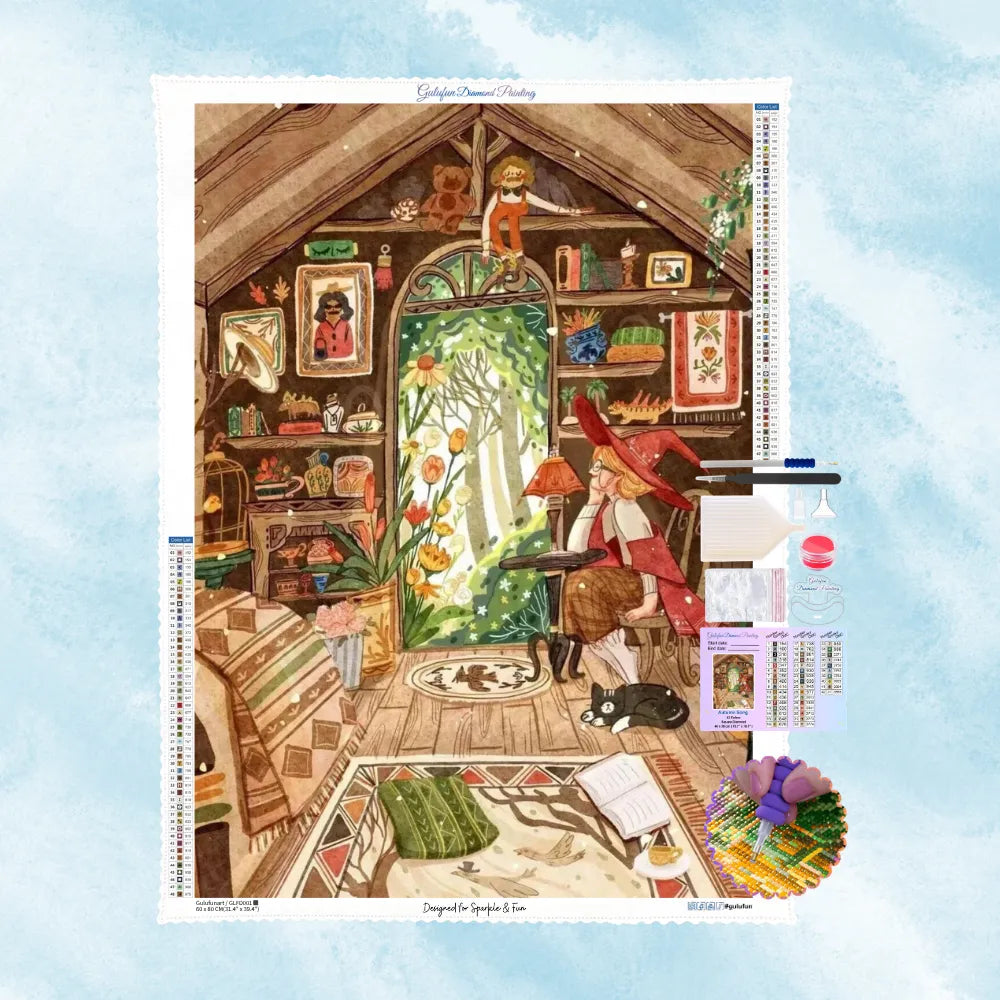 Kit complet de broderie diamant illustrant une sorcière assise dans sa cabane en bois regardant la forêt avec son chat noir