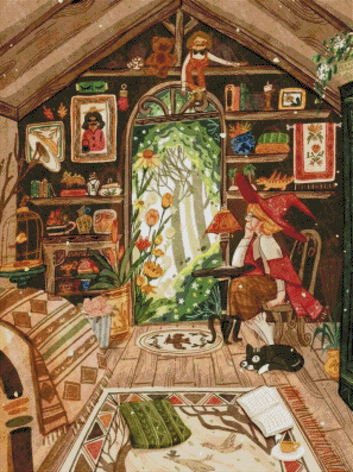 Rendu final d'une broderie diamant encadrée montrant l'intérieur chaleureux d'un chalet d'artiste rempli de plantes et de livres