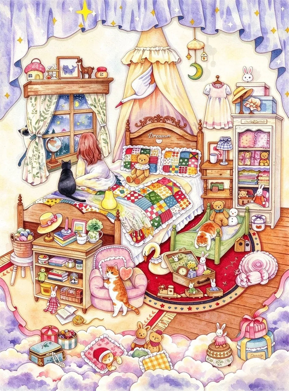 Illustration originale style aquarelle poétique d'une chambre d'enfant ou d'adolescente avec lit à baldaquin et chats