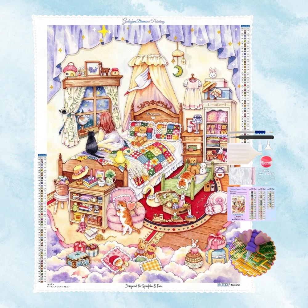 Kit complet de broderie diamant montrant une chambre chaleureuse avec une fille et un chat regardant la nuit par la fenêtre