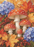 Broderie diamant représentant des champignons rouges, des feuilles d'érable dorées et des baies sauvages d'automne.