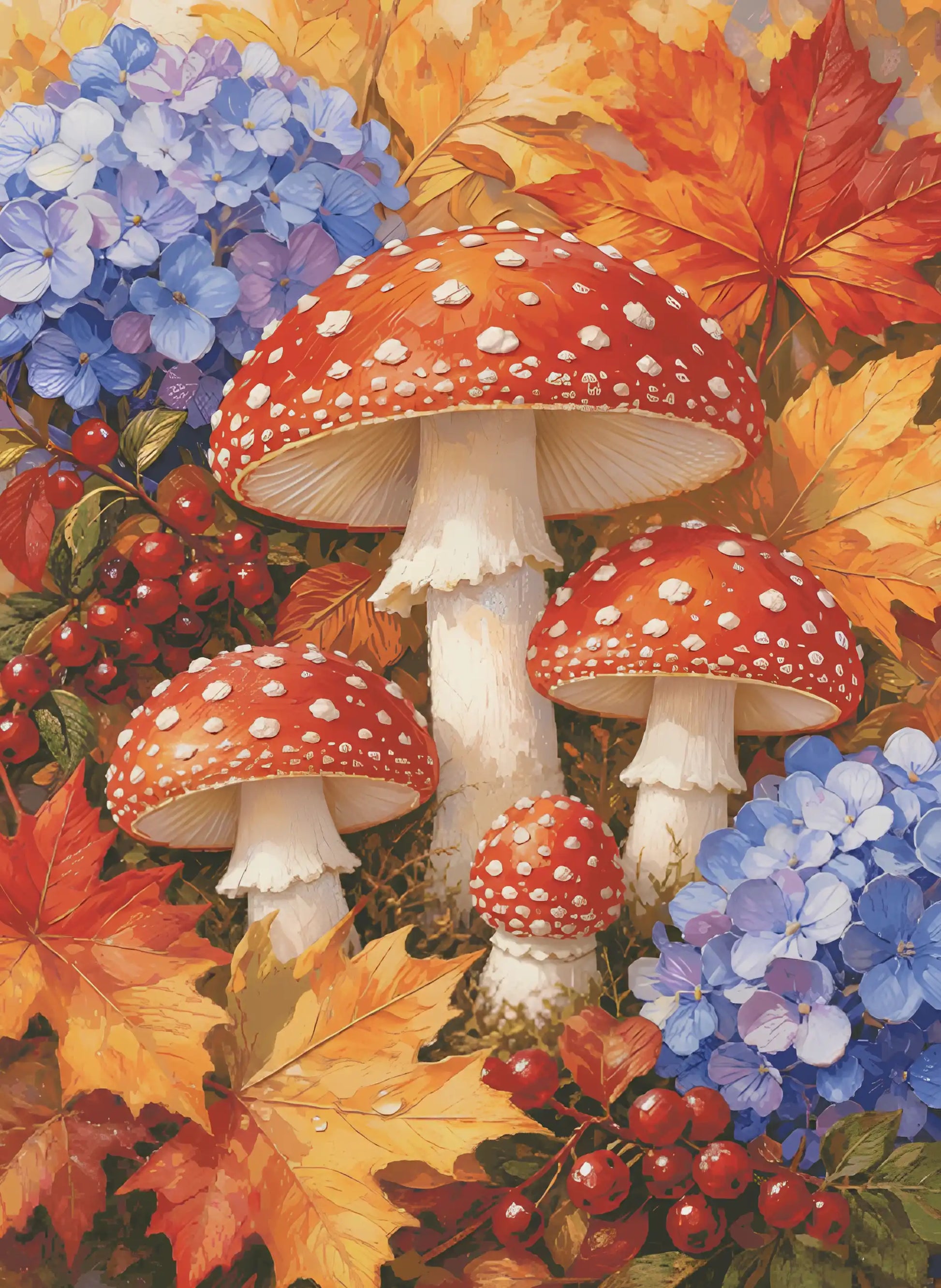 Broderie diamant représentant des champignons rouges, des feuilles d'érable dorées et des baies sauvages d'automne.