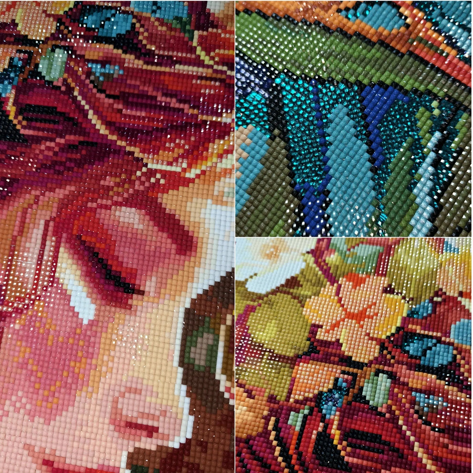 Gros plan détaillé et réel de la broderie diamant 'Chant d'Automne'. La photo montre l'alignement précis des diamants carrés en résine sur les yeux, les lèvres et les cheveux, soulignant la brillance et la qualité de la pose.