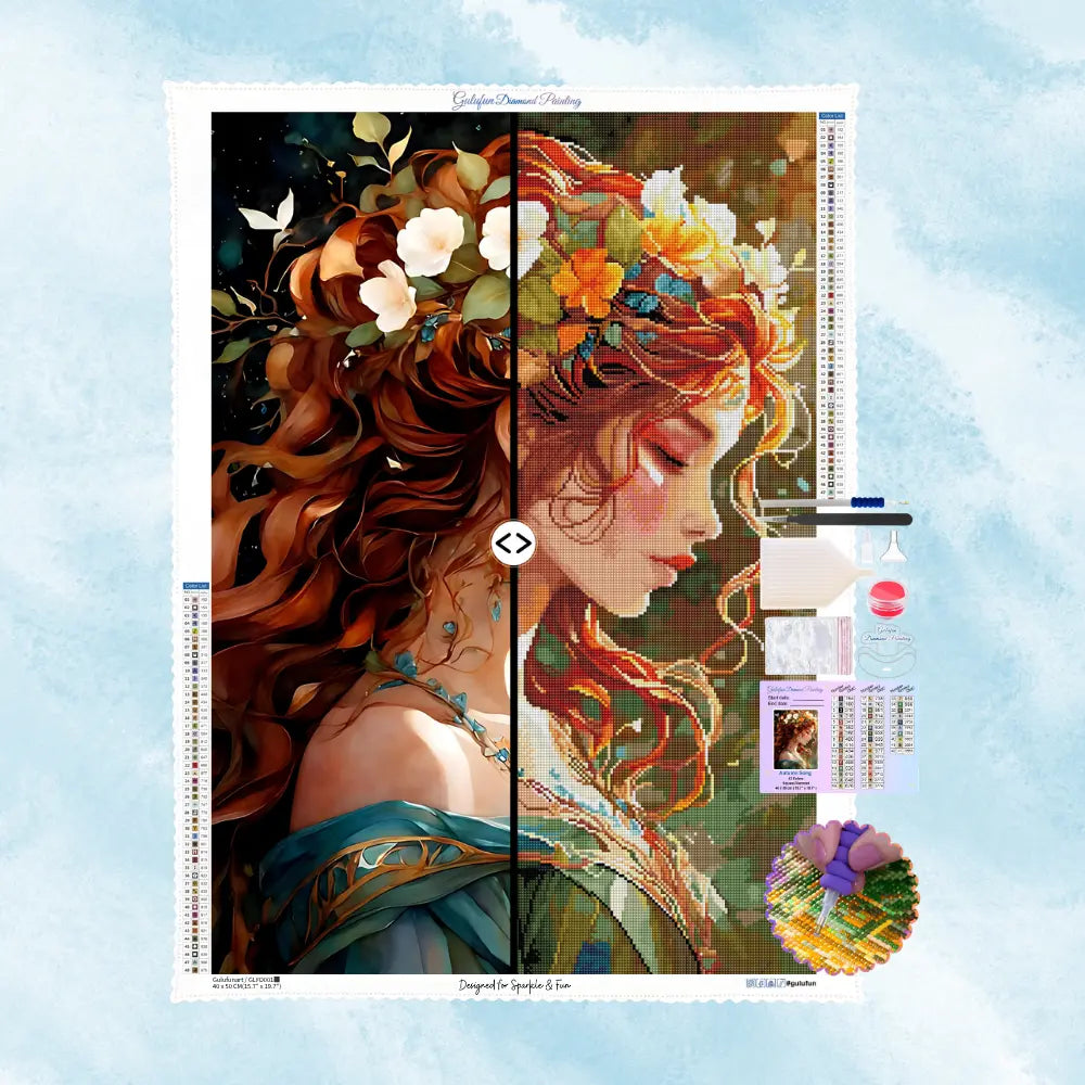 Kit de broderie diamant complet 'Chant d'Automne' par Gulufun. L'image montre la comparaison entre l'illustration originale et le rendu final, incluant les outils, la toile en velours de 60x83cm et la charte de 76 couleurs.