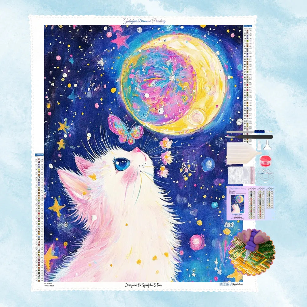 Kit de broderie diamant montrant un chat blanc qui regarde un papillon et une lune colorée sur un fond de ciel étoilé.