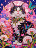 Diamond painting d'un chat noir et blanc entouré de papillons bleus sous une lune rose cosmique et des pissenlits.