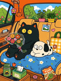Illustration originale du dessin de chat noir et chien tacheté en voiture avec fleurs