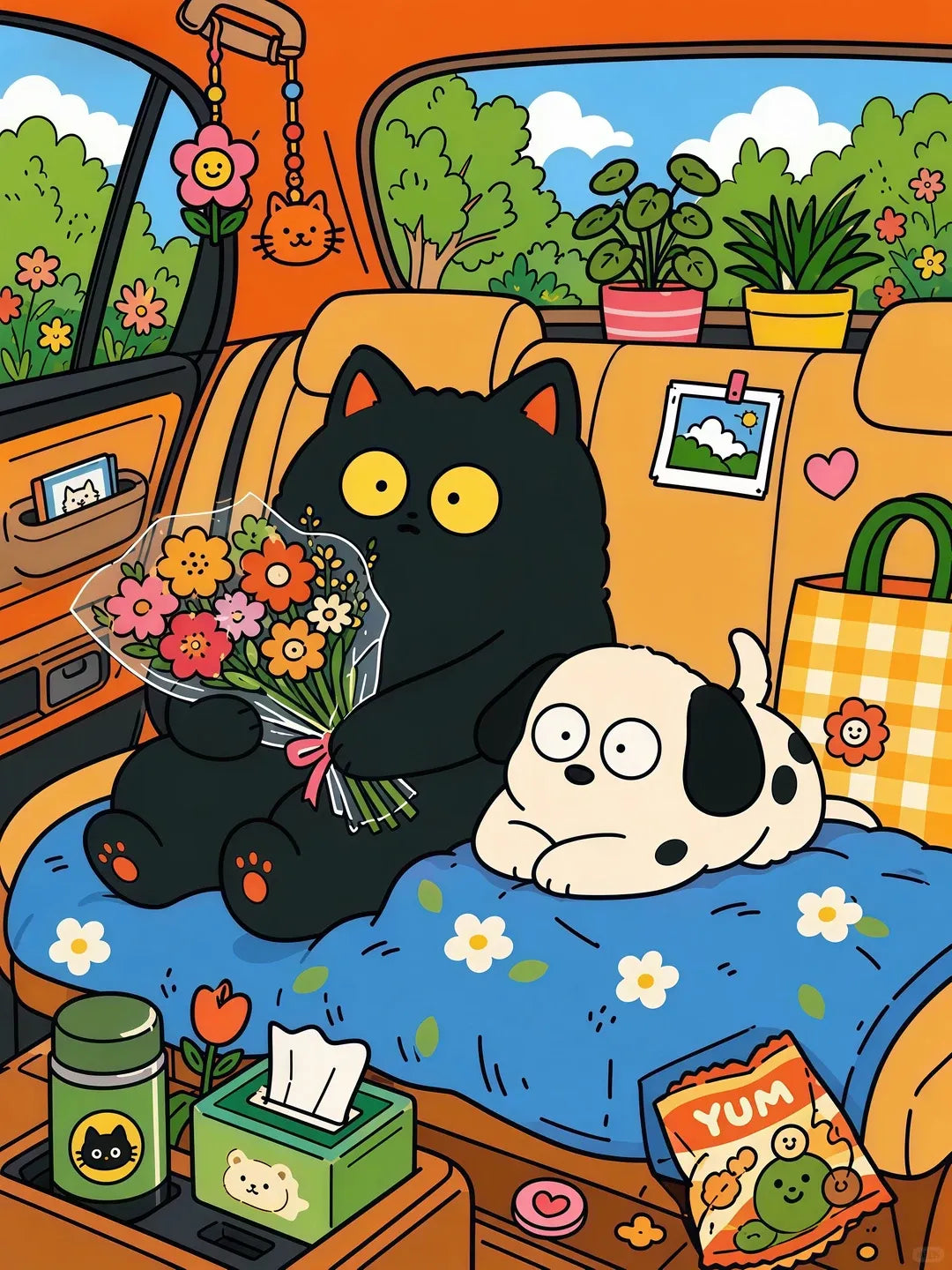 Illustration originale du dessin de chat noir et chien tacheté en voiture avec fleurs