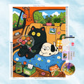 Kit complet de broderie diamant représentant un chat noir tenant un bouquet de fleurs et un petit chien assis en voiture
