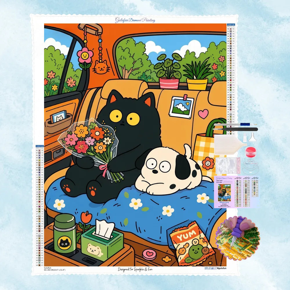 Kit complet de broderie diamant représentant un chat noir tenant un bouquet de fleurs et un petit chien assis en voiture