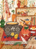 Illustration originale d'un grand chaudron gravé avec une petite fille sorcière et de petits esprits noirs amusants