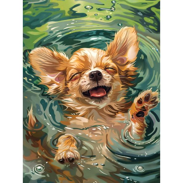 Illustration originale d'un petit chien marron et blanc profitant de la baignade dans une eau verte et limpide