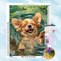 Kit complet de broderie diamant illustrant un petit chiot chihuahua souriant qui flotte joyeusement dans l'eau