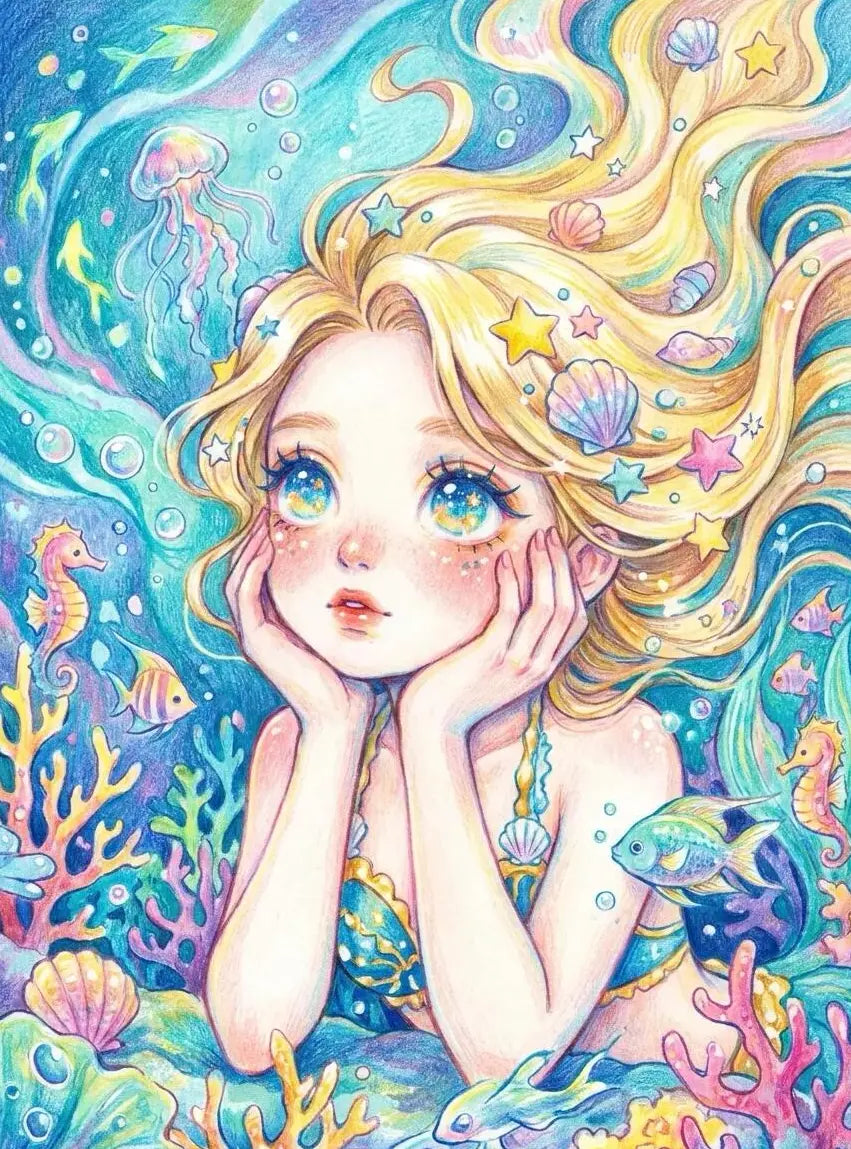 Broderie diamant d'une jeune sirène blonde rêveuse entourée de coraux, poissons et hippocampes sous l'eau.