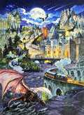 Illustration originale style aquarelle fantasy d'un grand dragon rouge dominant une ville fortifiée avec train et lune brillante