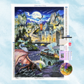 Kit complet de broderie diamant montrant un dragon rouge, un château médiéval sous la pleine lune et un train à vapeur