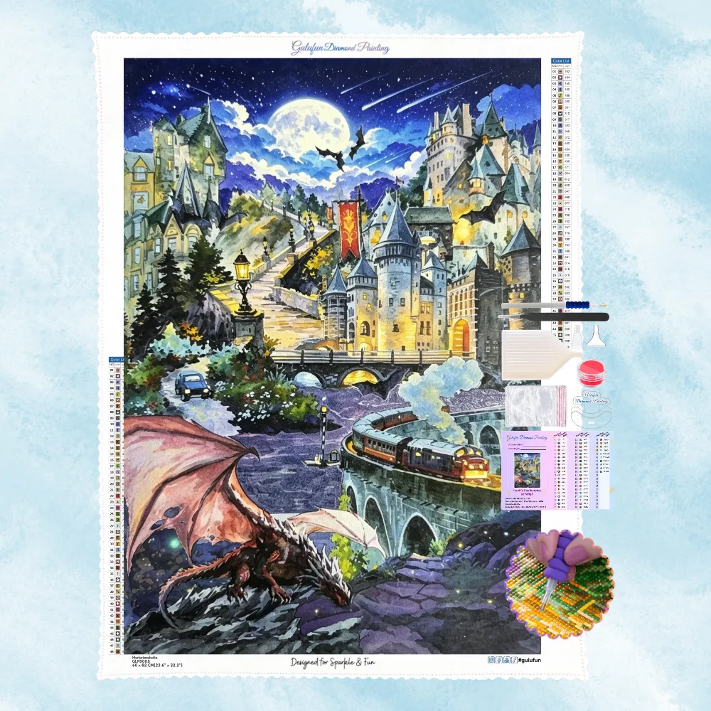 Kit complet de broderie diamant montrant un dragon rouge, un château médiéval sous la pleine lune et un train à vapeur