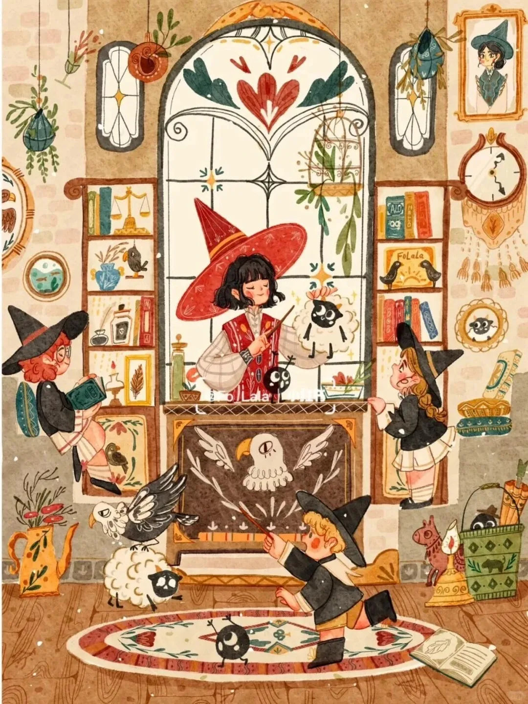 Illustration originale d'une classe de magie vintage chaleureuse avec enfants sorciers, baguettes magiques et animaux