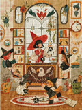 Rendu final d'une broderie diamant encadrée illustrant un cours de magie avec moutons fantastiques, vitraux et livres anciens