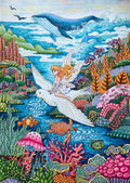 Illustration originale d'un monde aquatique enchanté avec une fée, un oiseau blanc, une baleine bleue et des récifs de coraux