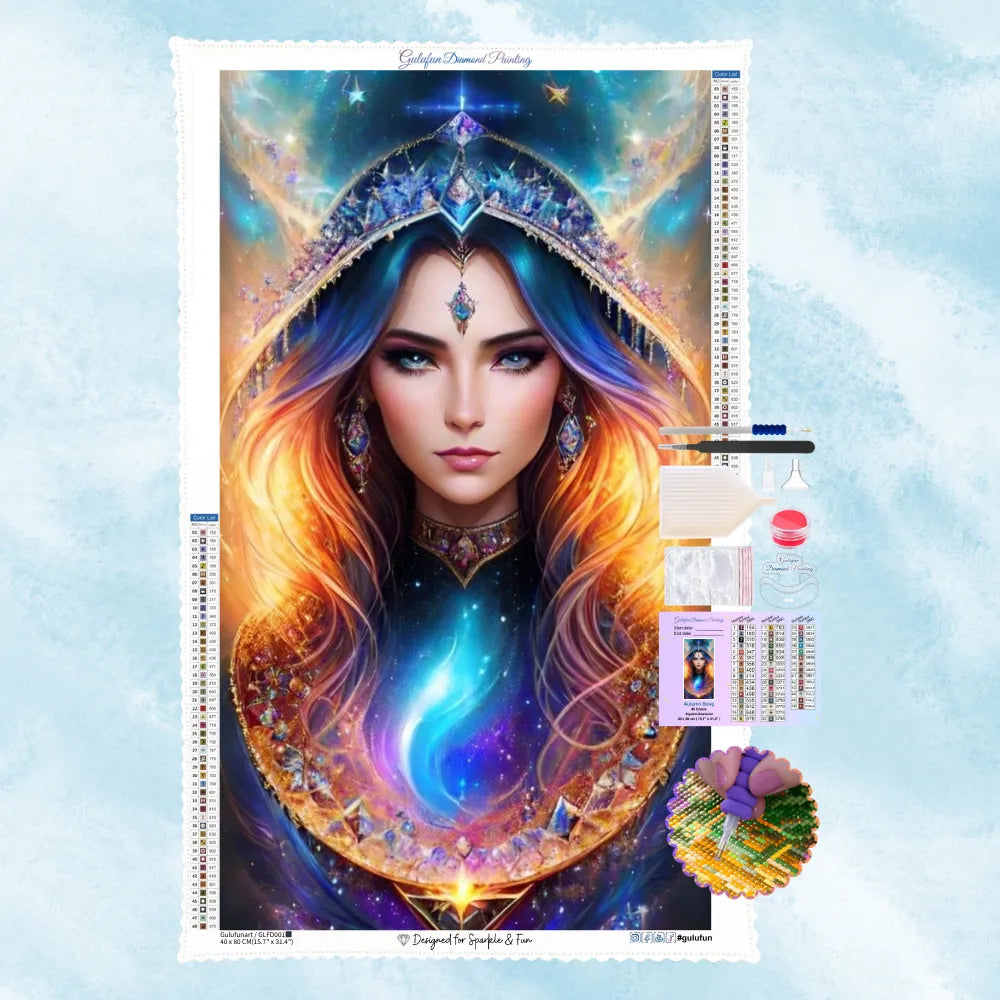 Kit de broderie diamant représentant une femme cosmique mystique avec des couleurs vibrantes.