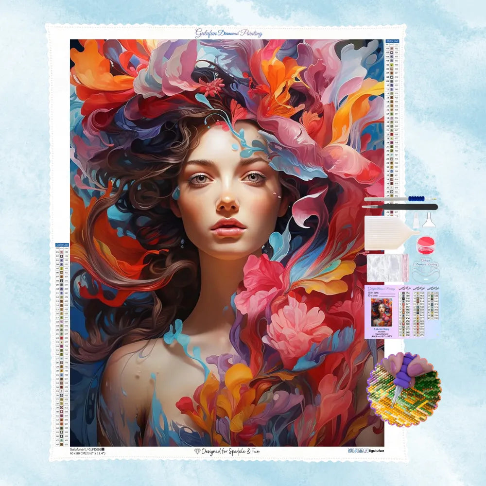 Kit de broderie diamant illustrant un portrait de femme entourée de pétales et de fluides colorés abstraits.