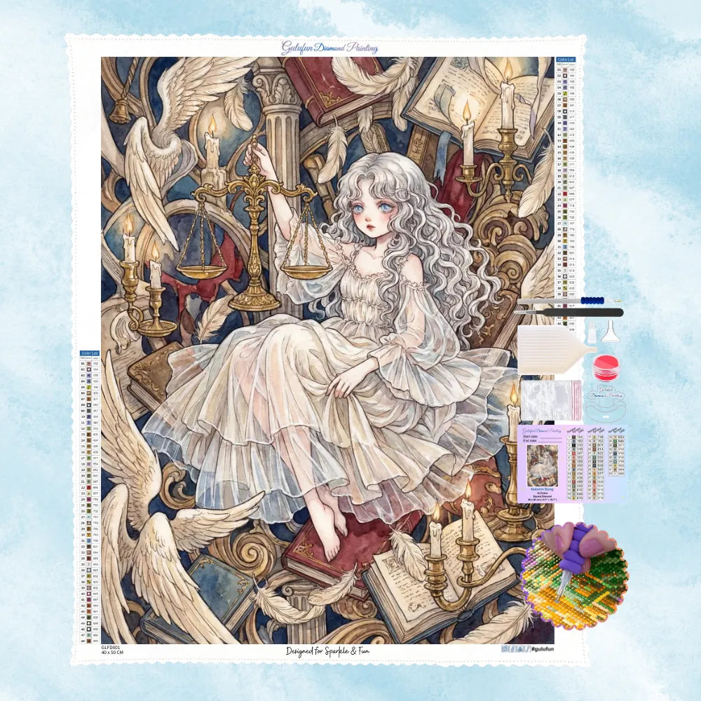 Kit de broderie diamant représentant une fille aux cheveux blancs tenant une balance dorée entourée de vieux livres.