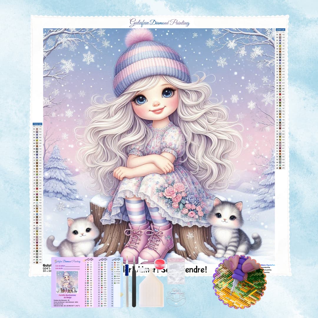 Broderie Diamant Fille et chat en hiver - Kit Complet (5D Diamond Painting)