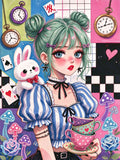 Illustration originale style manga moderne inspirée d'Alice au pays des merveilles avec lapin sur l'épaule et tasses de thé
