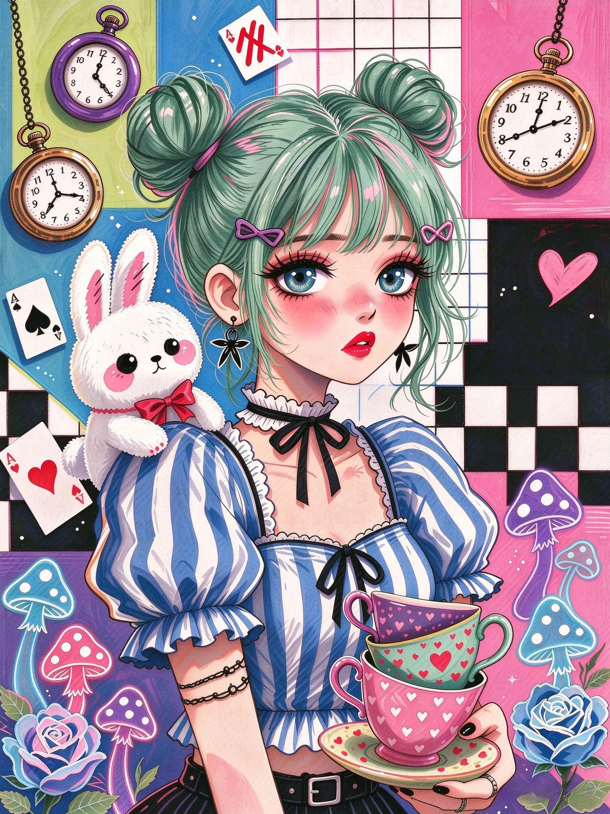 Illustration originale style manga moderne inspirée d'Alice au pays des merveilles avec lapin sur l'épaule et tasses de thé