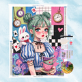 Kit complet de broderie diamant montrant une fille manga aux cheveux verts avec un lapin blanc, des tasses à thé et des cartes à jouer