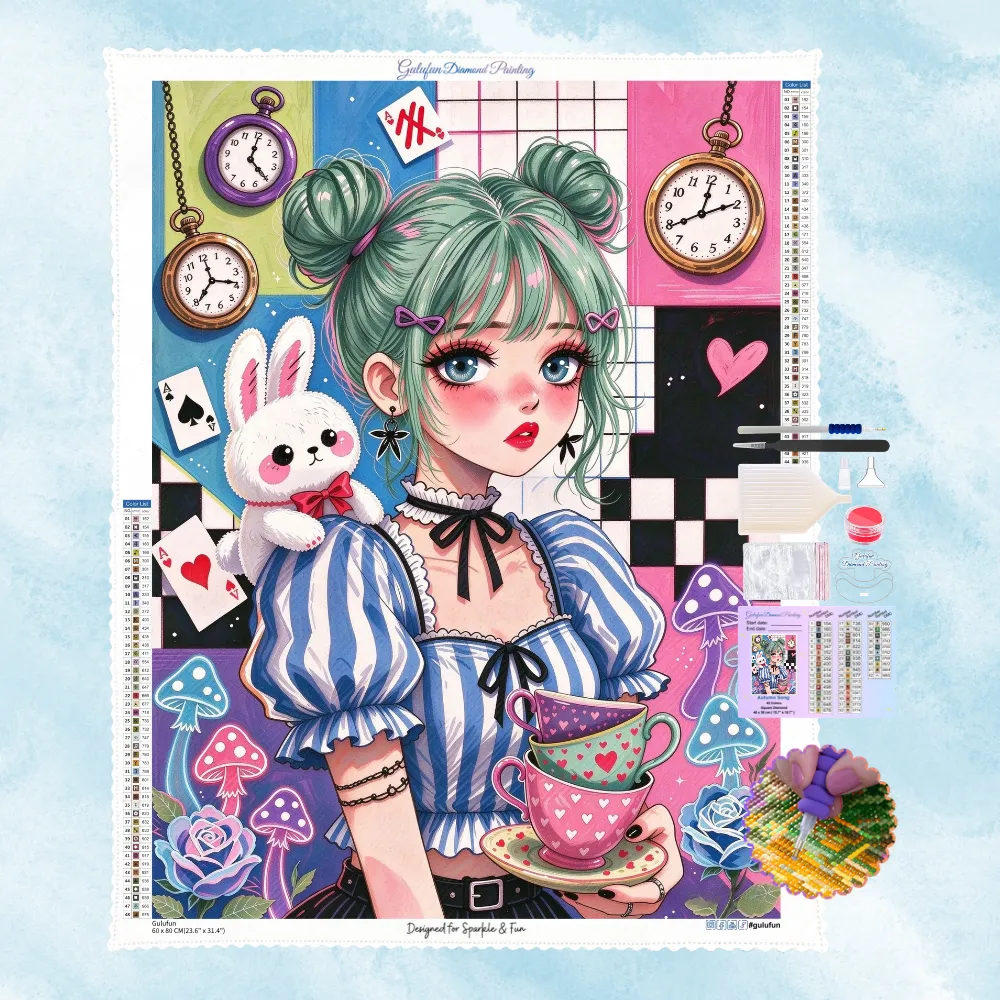 Kit complet de broderie diamant montrant une fille manga aux cheveux verts avec un lapin blanc, des tasses à thé et des cartes à jouer
