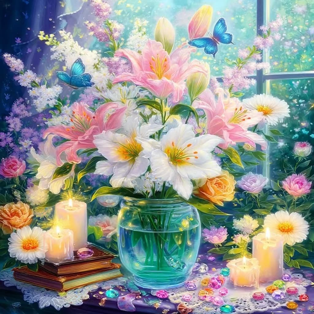 Broderie Diamant Fleurs et bougies près de la fenêtre Image originale (Gulufun Diamond Painting)