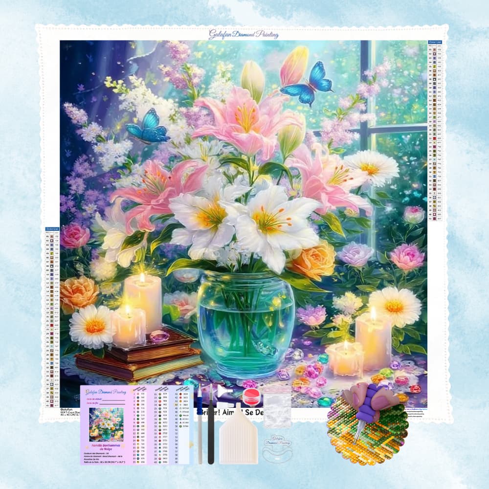 Broderie Diamant Fleurs et bougies près de la fenêtre - Kit Complet (5D Diamond Painting)