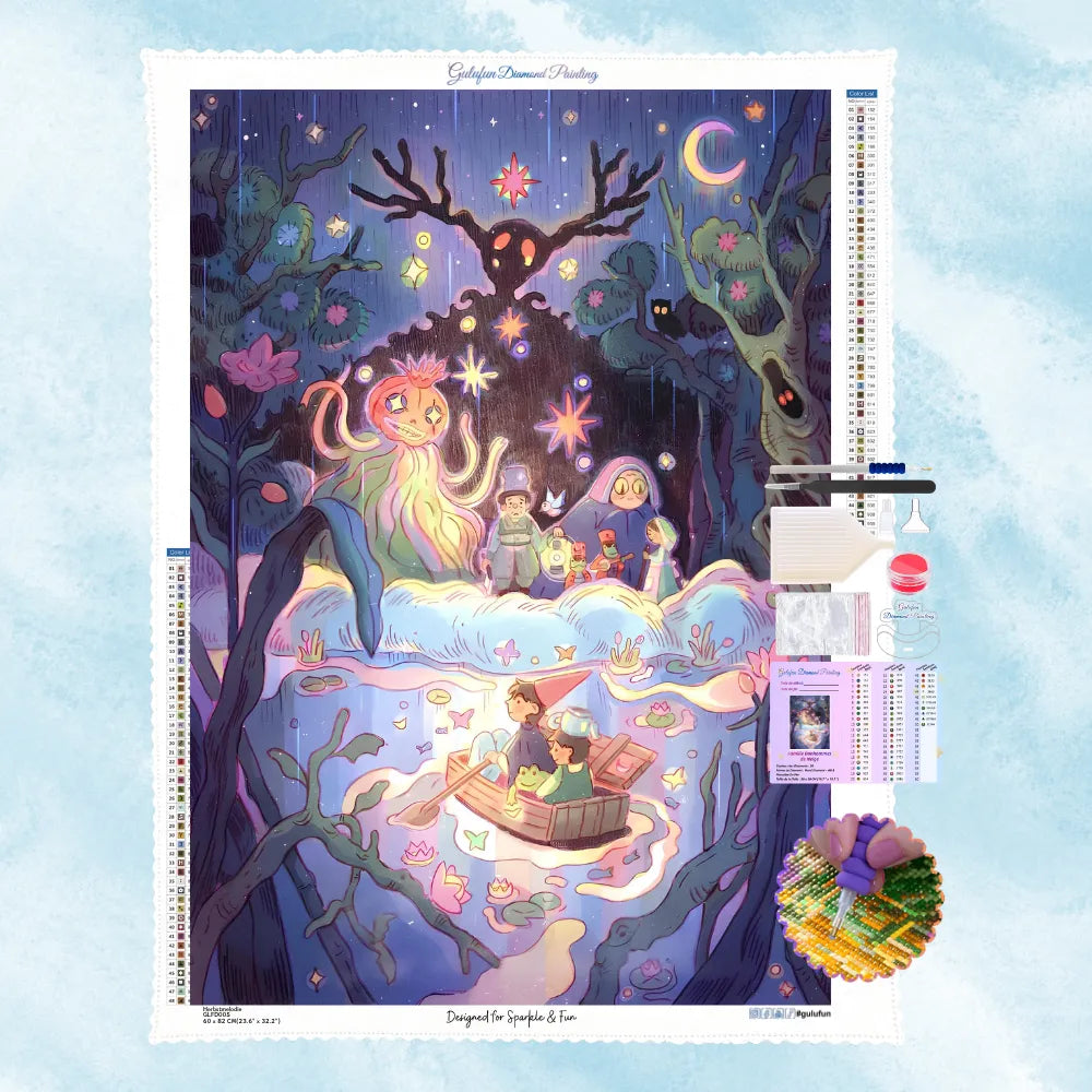 Kit de broderie diamant illustrant des personnages naviguant en barque dans une forêt magique et mystérieuse sous une nuit étoilée